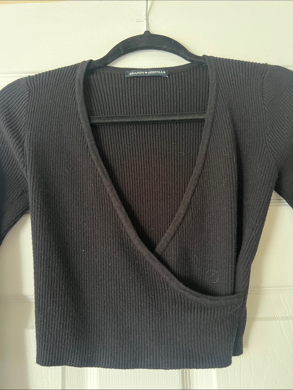 Brandy Melville Black Ribbed Cropped V-Neck Wrap Top